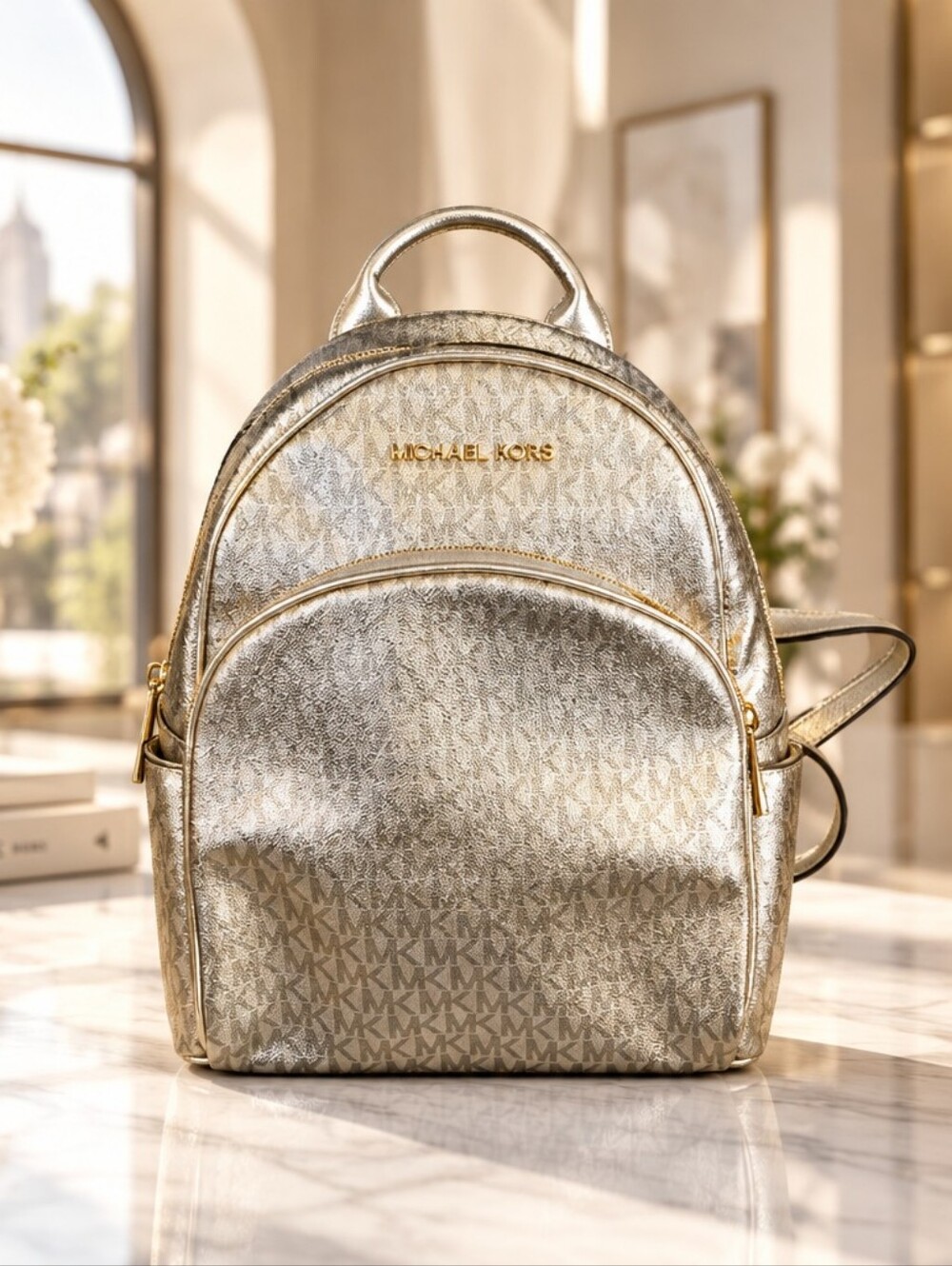 Michael Kors Gold Metallic Mini Backpack with Front Zip Pocket